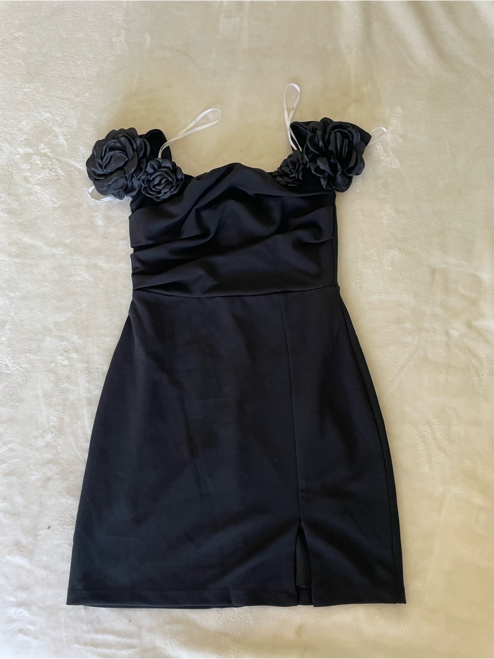 Lulu's Black Mini Dress with Floral Shoulder Accents